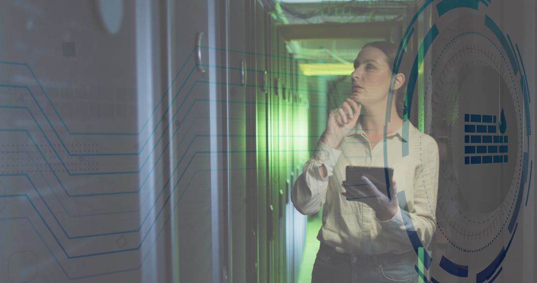 Caucasian Woman Analyzing Data in Server Room