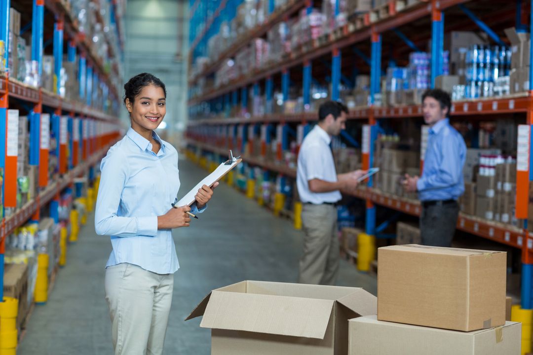 Female Warehouse Worker Holding Clipboard in Distribution Center - Free Images, Stock Photos and Pictures on Pikwizard.com