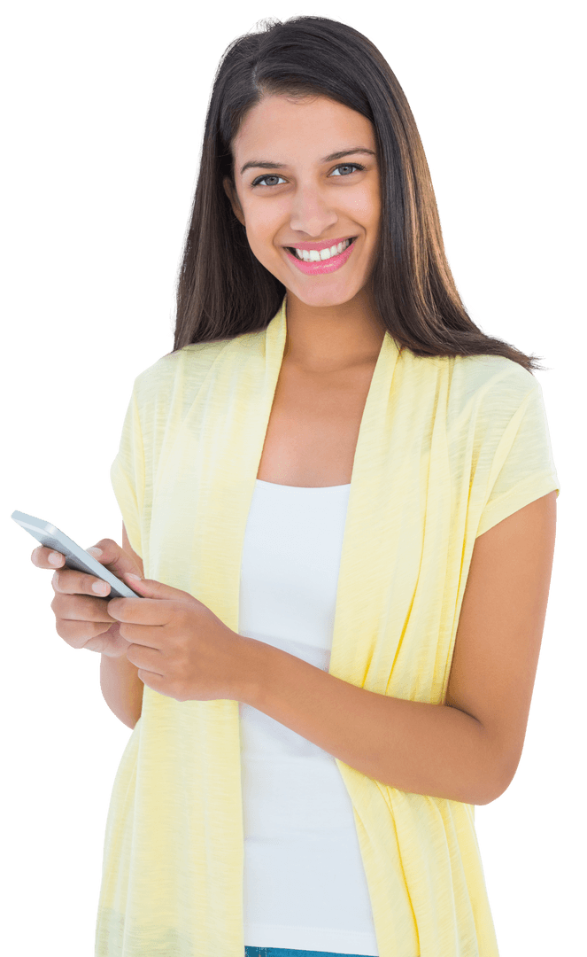 Transparent Smiling Woman Texting on Smartphone in Yellow Outfit