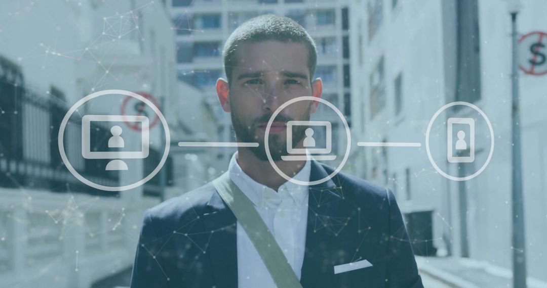 Businessman in Urban Setting with Digital Data Overlay