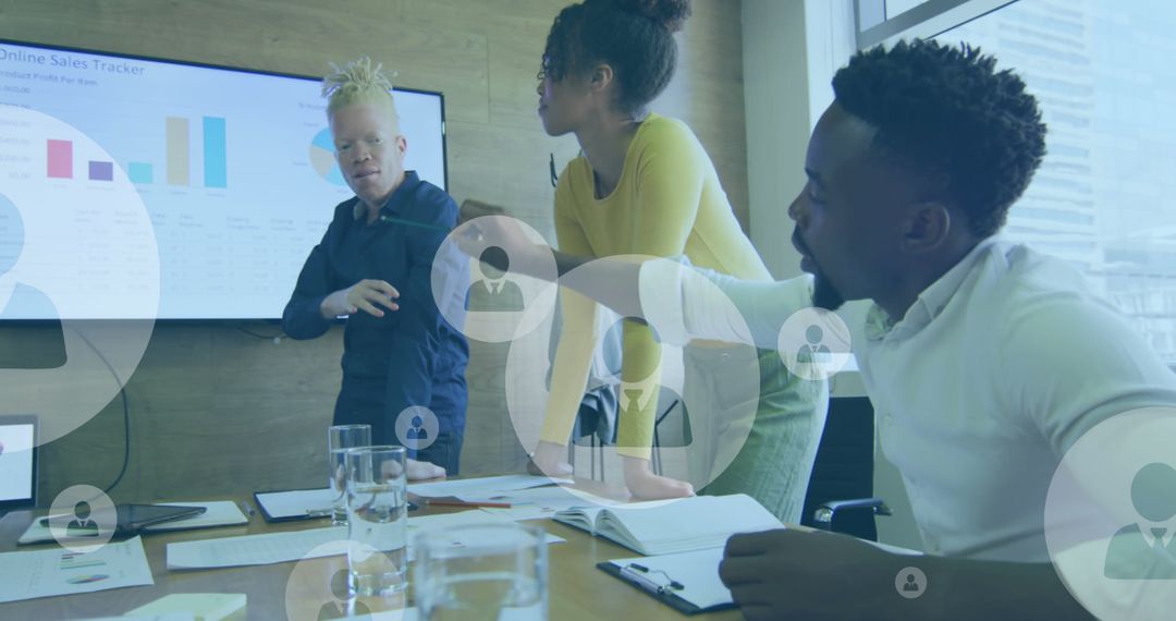 Diverse Team Collaborates in Modern Office Setting with Technology Overlay