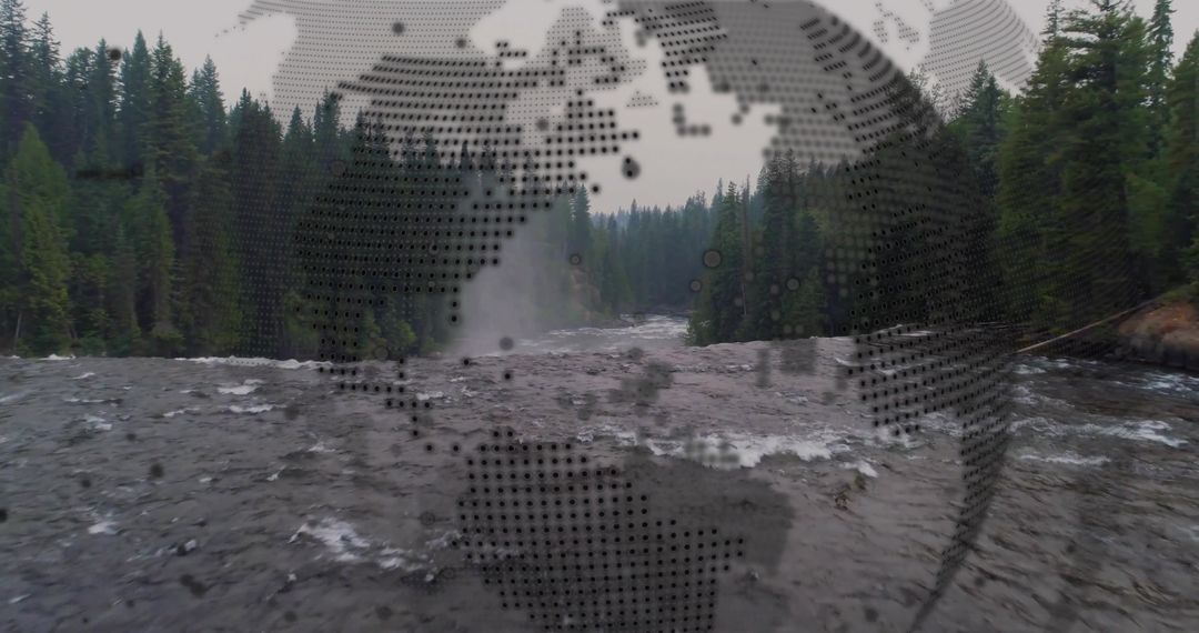 River Rapids Flowing Amidst Forest with Globe Overlay: Nature and Adventure Concept