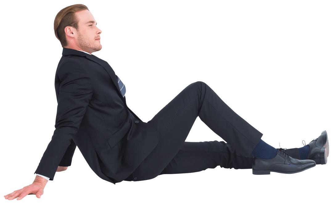 Transparent Businessman Sitting Cross-Legged and Reflective