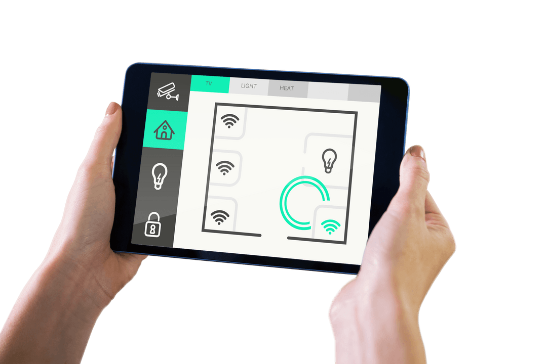 Transparent Hands Holding Smart Tablet with Wifi and Smart Home Controls