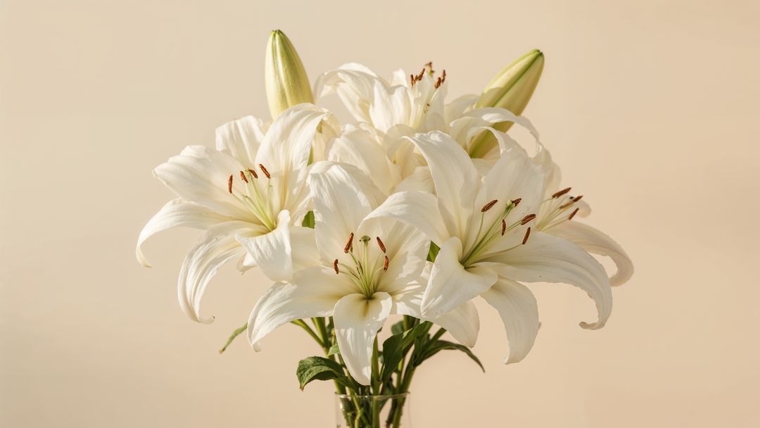 Elegant white lily cluster on soft beige background for condolences