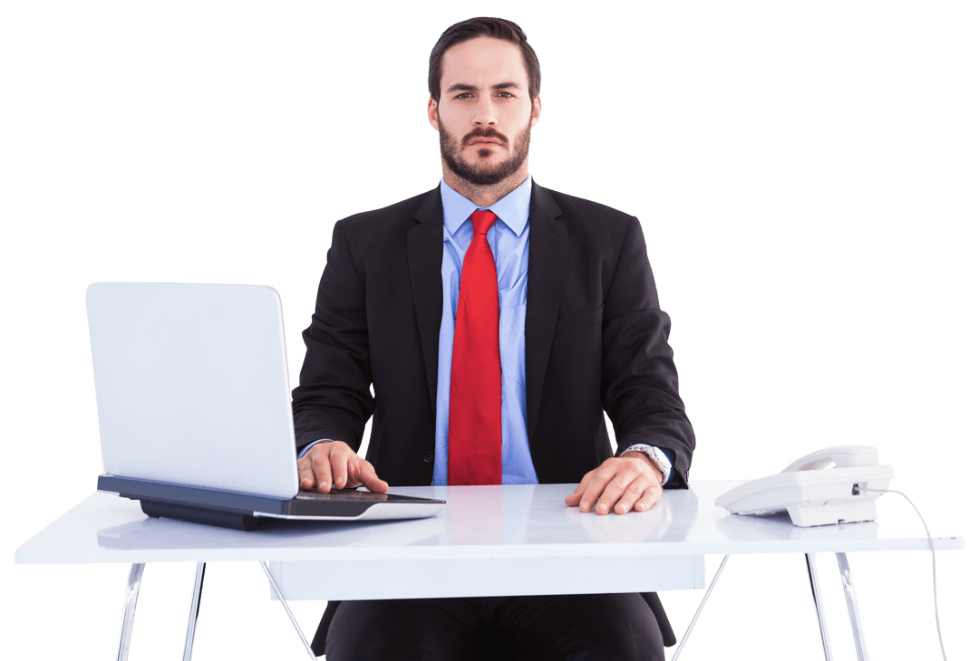 Transparent Background of Serious Businessman in Suit Working