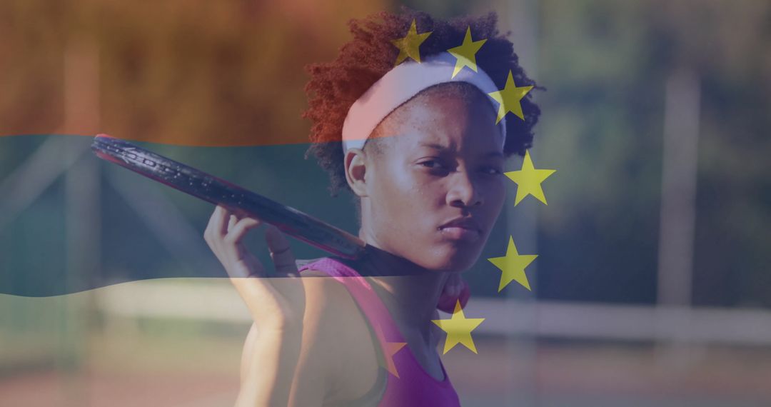 Determined Tennis Player on Clay Court with EU Flag Overlay