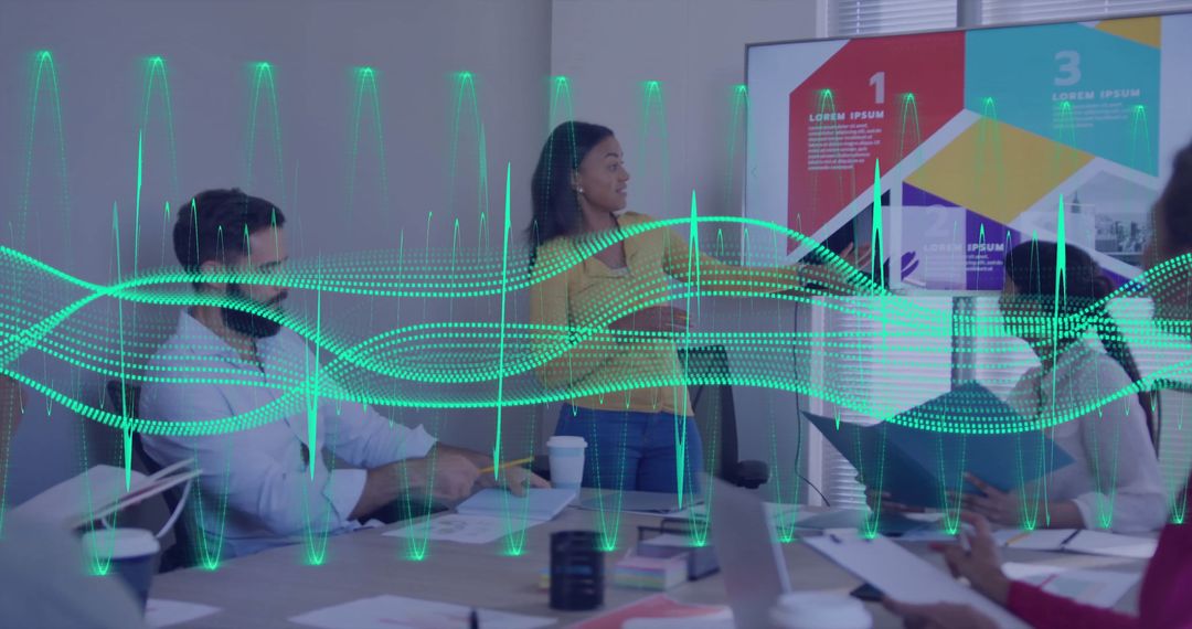 Financial Data Overlay on Diverse Business Team Meeting in Modern Office