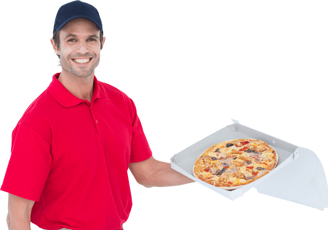 Smiling Delivery Man Presenting Fresh Pizza on Transparent Background