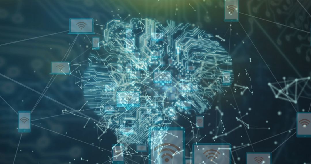 Digital Brain with Network and Tech Icons on Blue Background