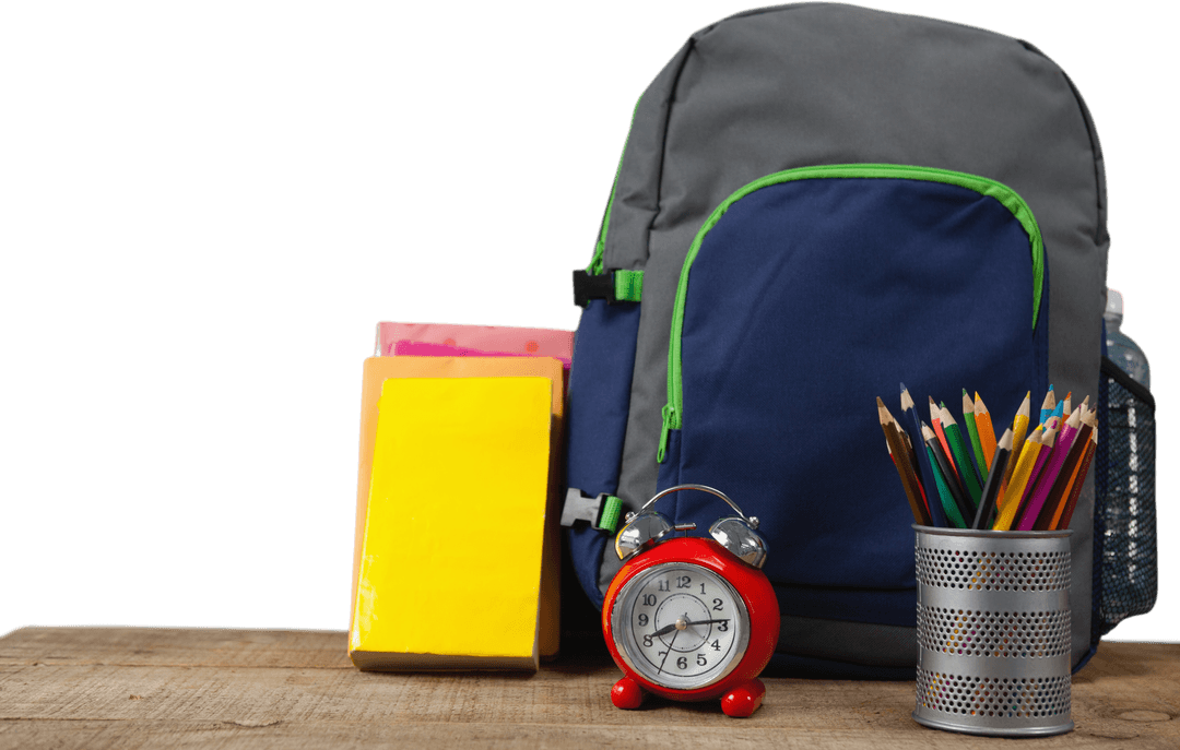 Backpack and School Supplies with Retro Alarm Clock on Transparent Background
