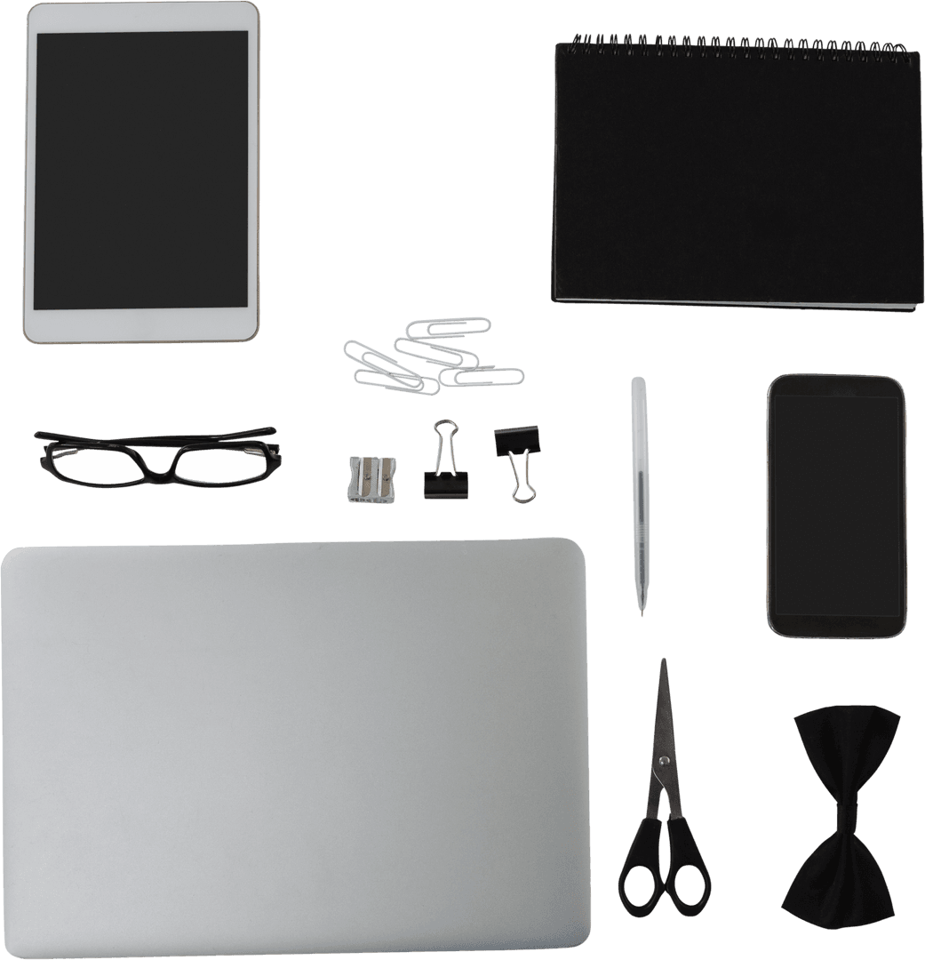 Transparent Business Desk Setup with Digital Devices and Office Supplies