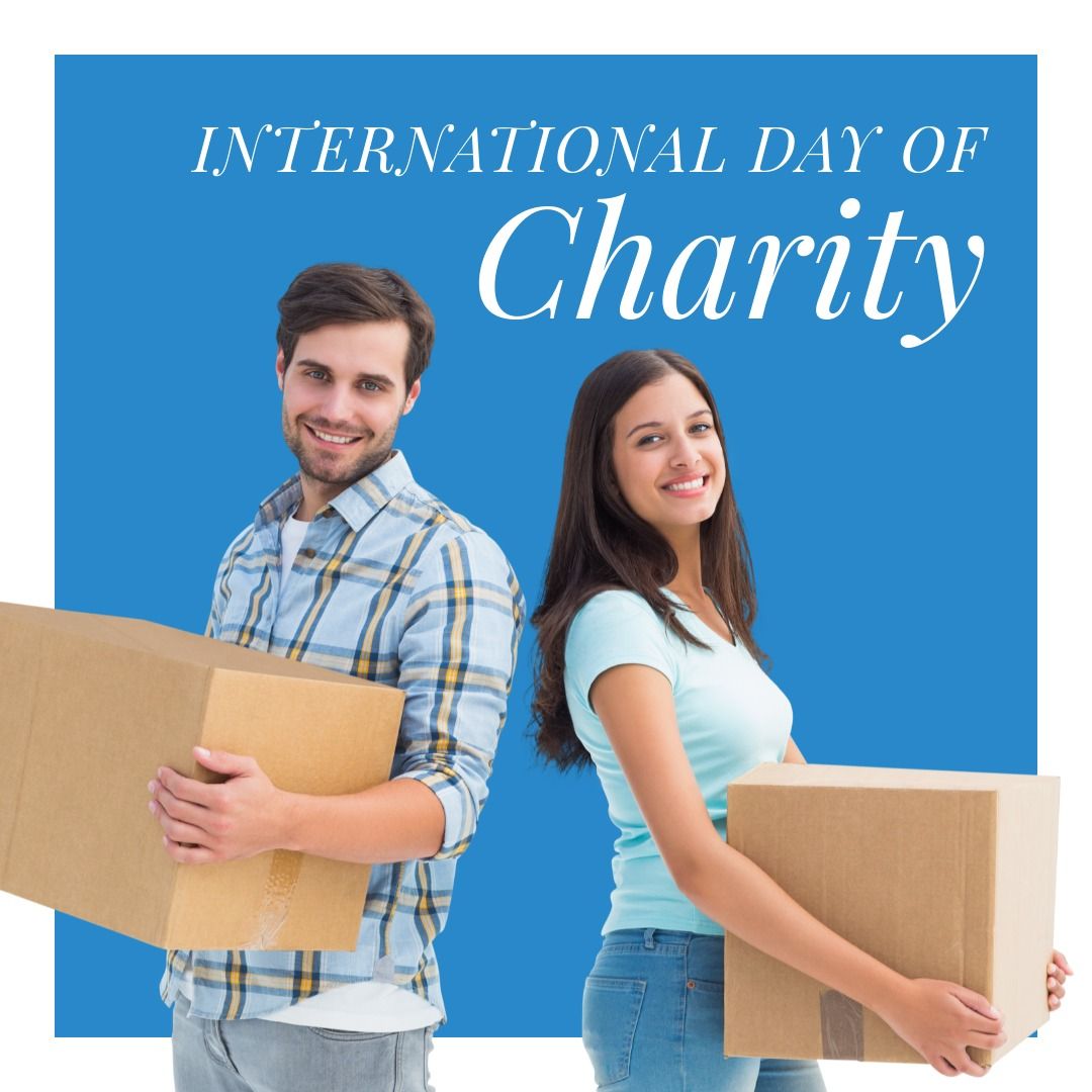 Portrait of smiling caucasian young man and woman with boxes and international day of charity text - Download Free Stock Templates Pikwizard.com