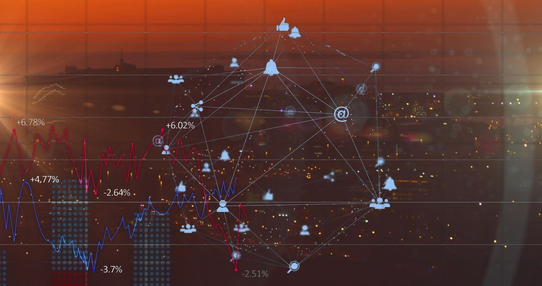 Digital Network Overlay with Cityscape Analytics at Dusk