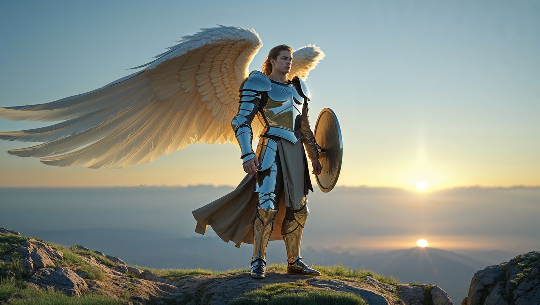 Mythical Winged Warrior Standing on Mountain at Sunrise