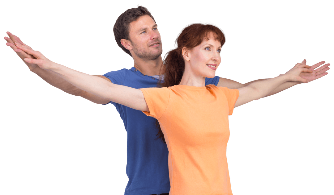 Cheerful Caucasian Couple Outstretching Arms on Transparent Background