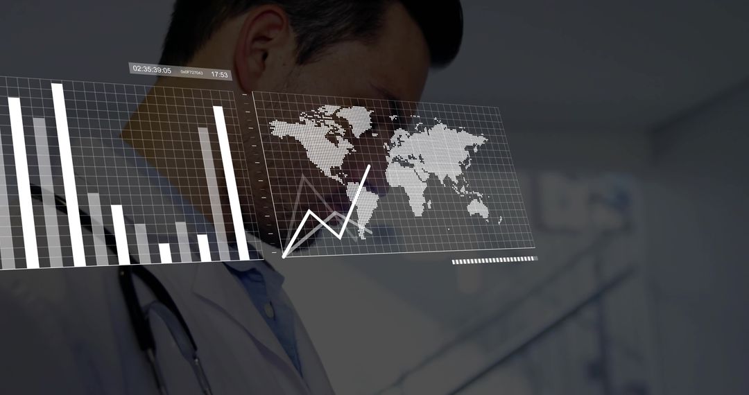 Physician Reviewing Global Health Analytics Overlay with Charts and World Map in Clinic