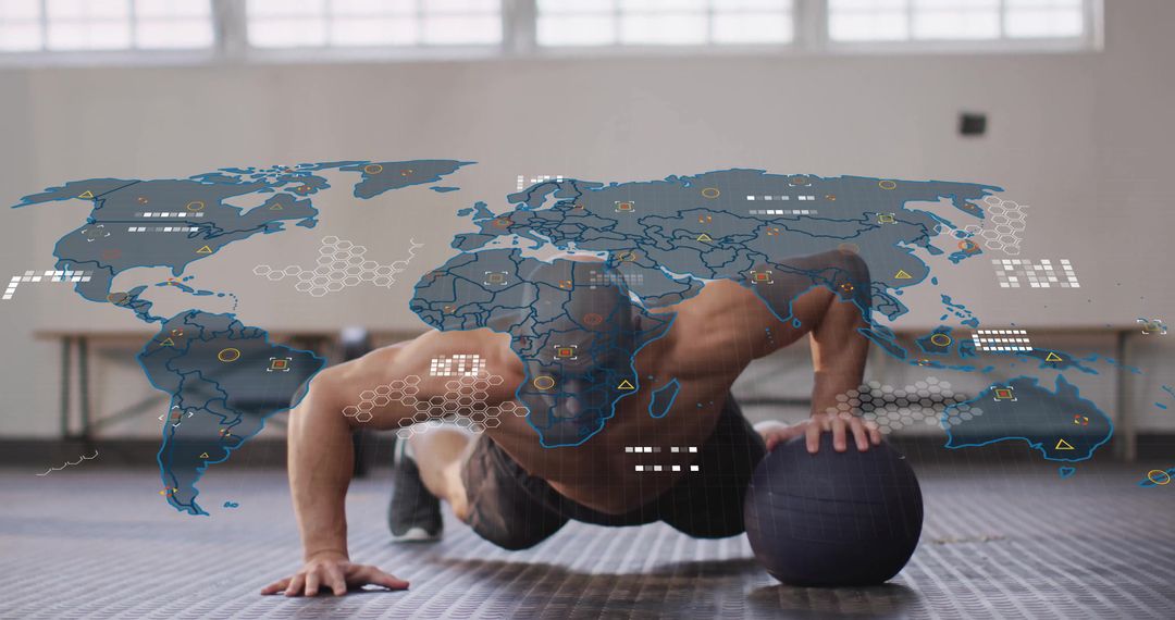Athlete Performing Single-Arm Push-Up with Digital Overlay in Gym