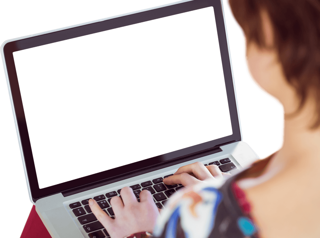 Person Typing on Laptop with Empty Screen on Transparent Background