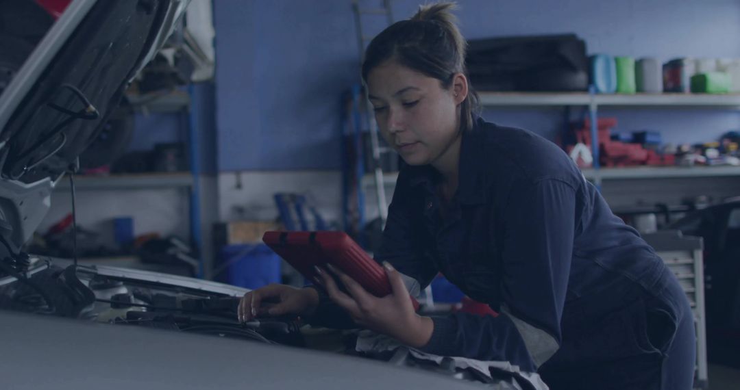 Young Female Mechanic Using Tablet for Car Engine Diagnostics