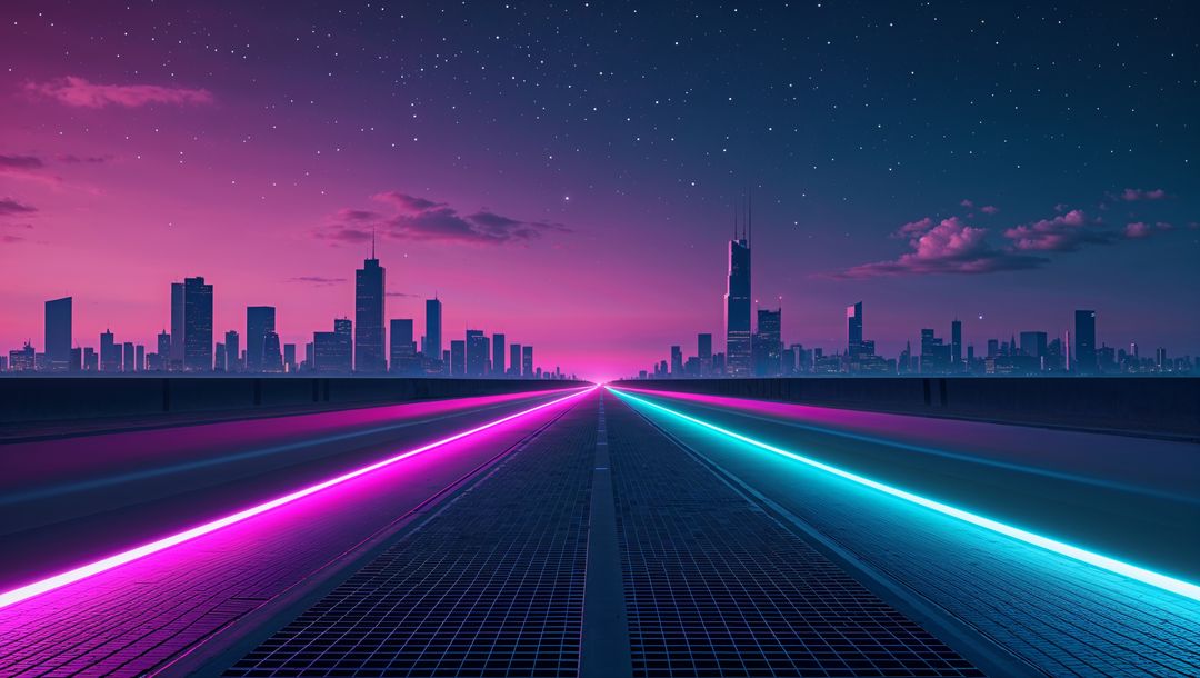 Futuristic Cityscape with Neon Highway Lights Under Starry Sky
