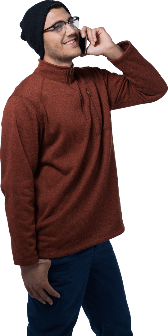 Transparent Cutout of Smiling Man in Casual Winter Clothing Using Phone