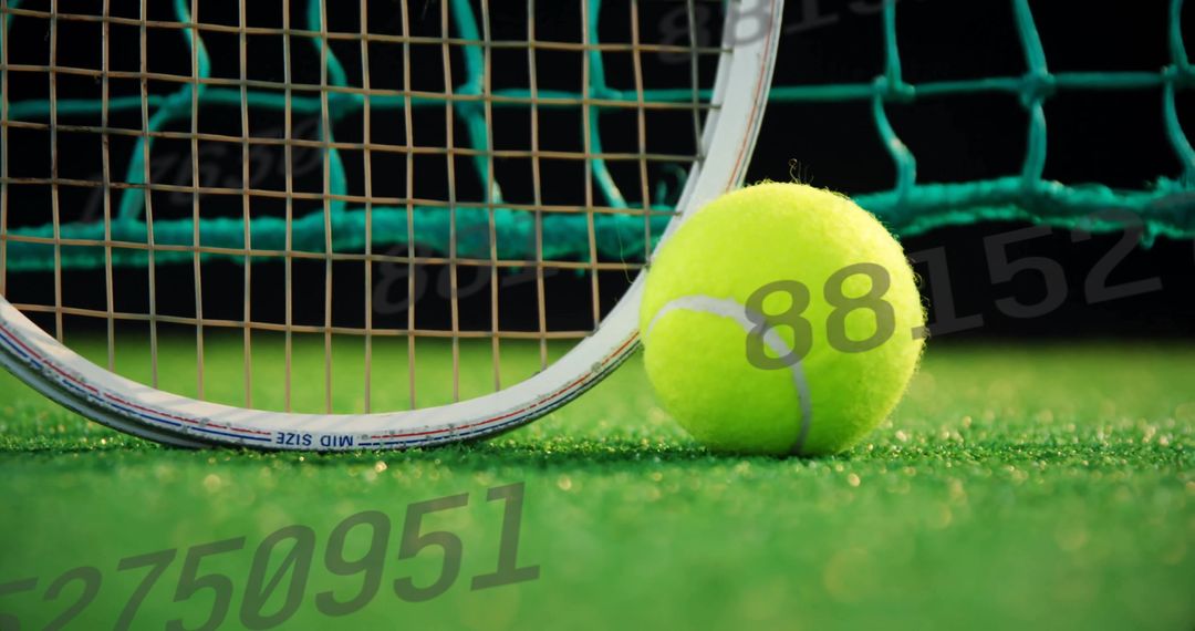 Tennis Ball and Racket Frame on Green Court with Copy Space