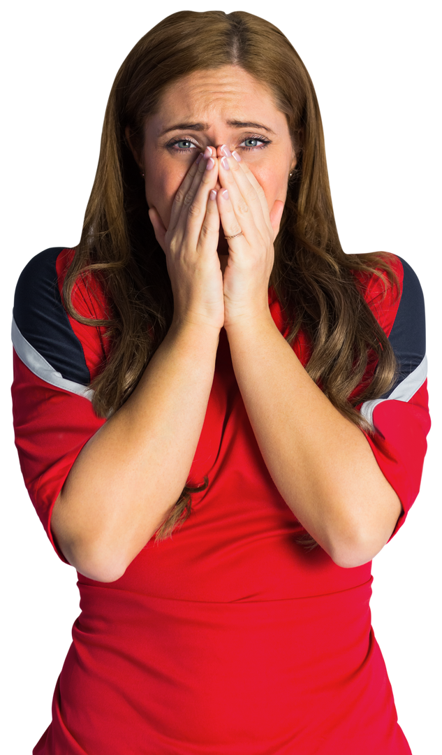 Nervous Football Fan Wearing Red Jersey with Hands Covering Mouth, Transparent Background - Download Free Stock Images Pikwizard.com