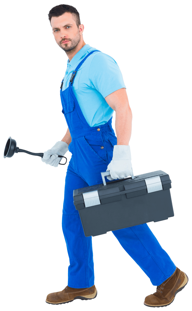 transparent image of plumber with toolbox and plunger walking forward - Download Free Stock Images Pikwizard.com