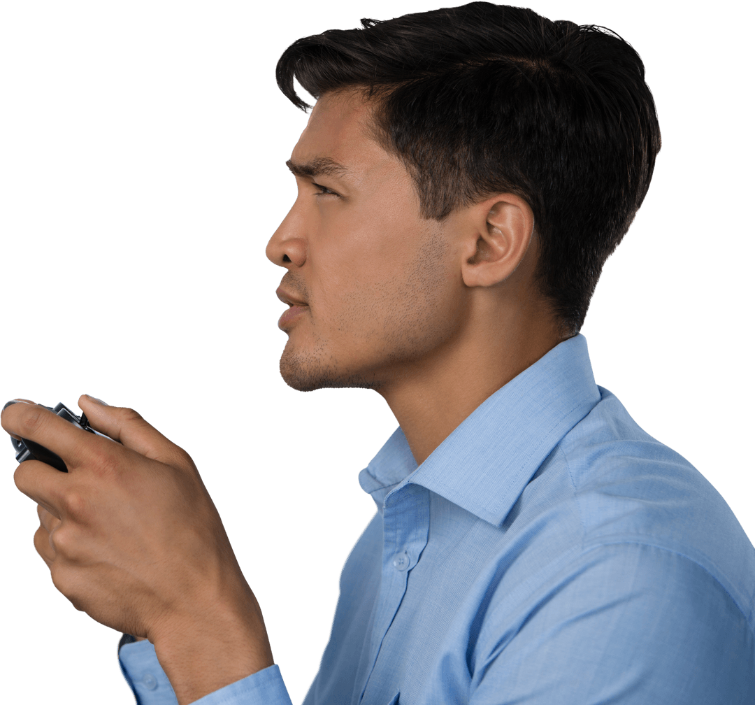 Transparent Side View Businessman Playing Video Games Intensely