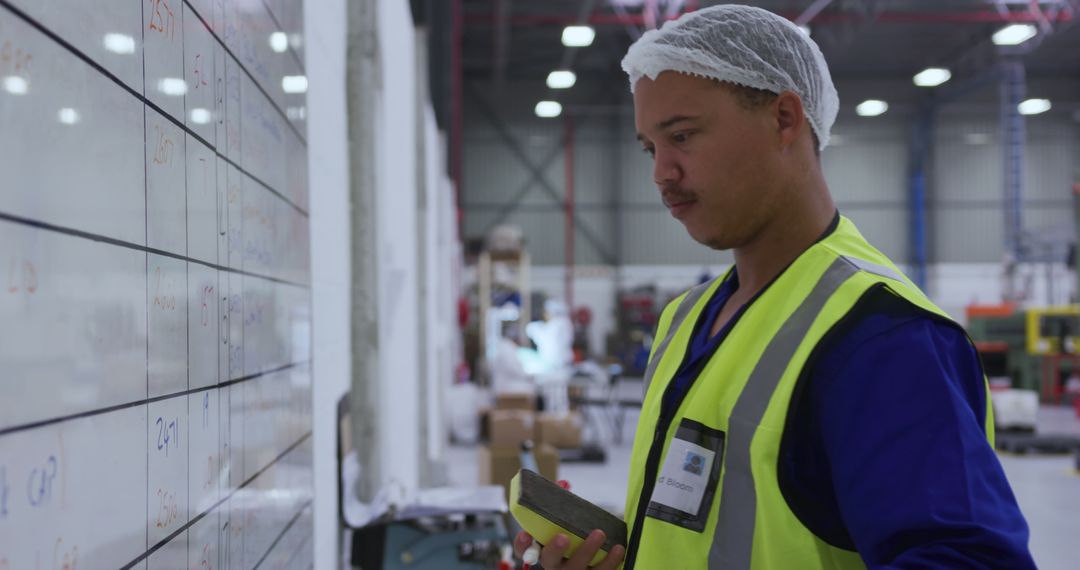 Factory Worker Updating Whiteboard in Warehouse