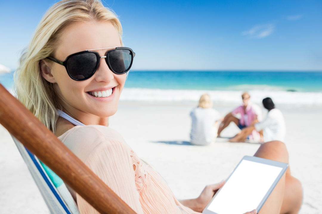 Smiling Woman With Sunglasses Holding Digital Tablet At Transparent Beach - Download Free Stock Images Pikwizard.com