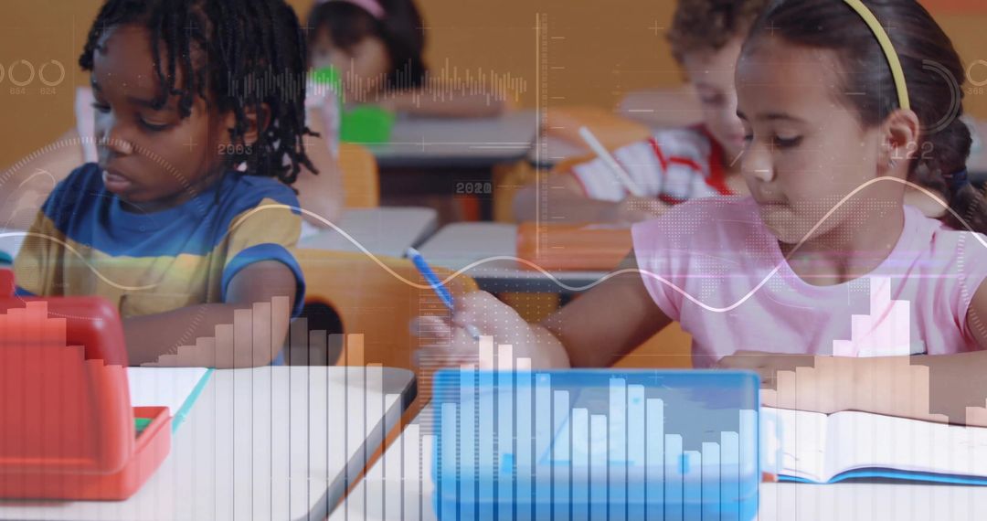 Diverse Kids Learning in Classroom With Technology Overlays
