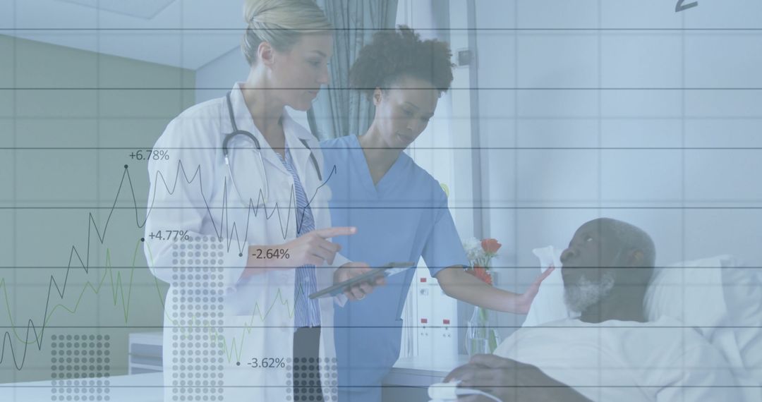 Healthcare Professionals Consulting Patient with Data and Chart Overlay