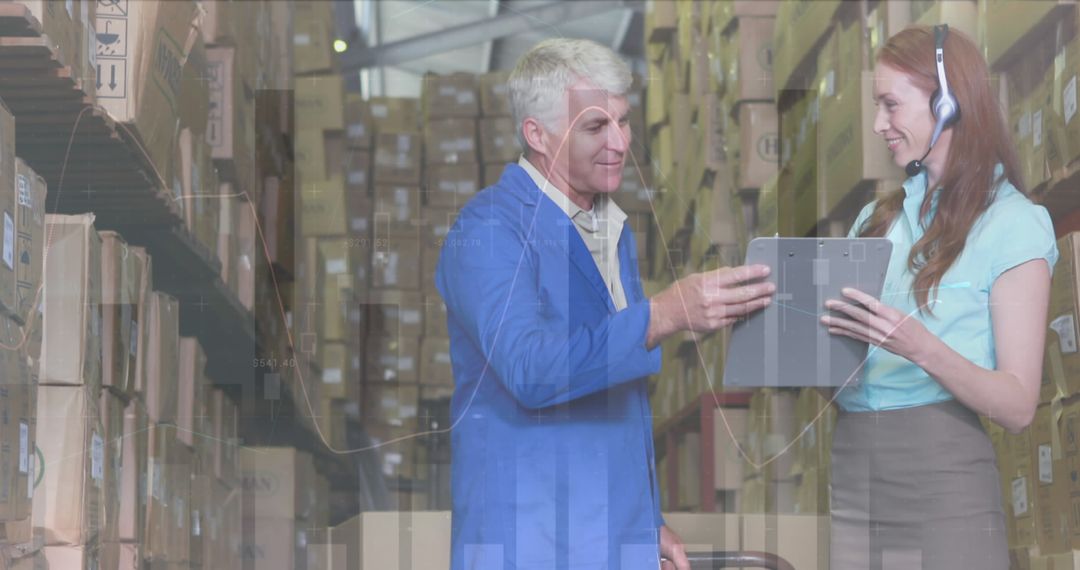 Warehouse Team Discussing Inventory with Digital Data Overlay