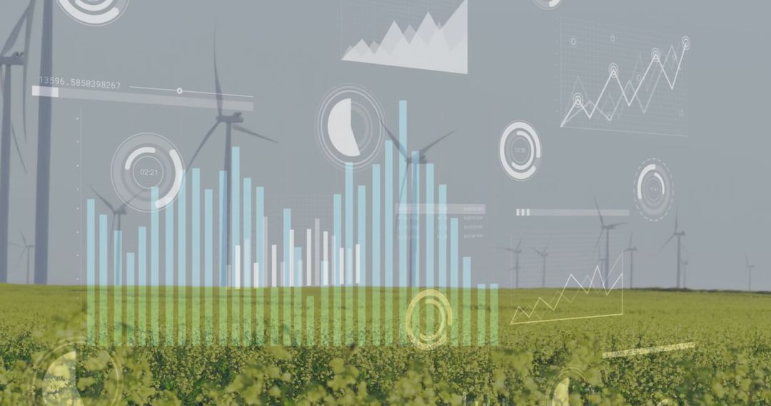 Data Overlay on Field of Wind Turbines Symbolizing Eco-Business