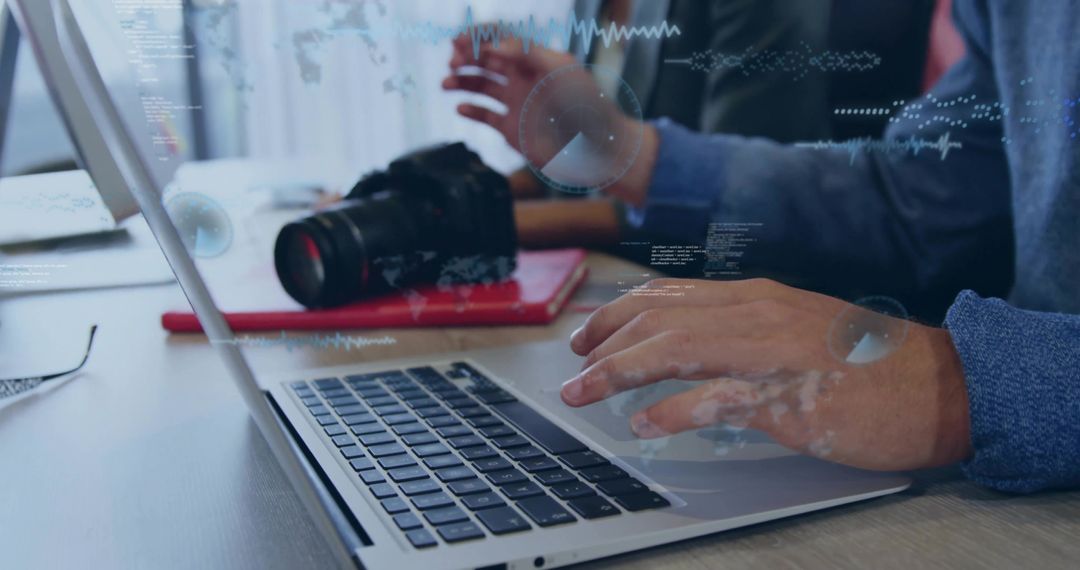 Woman Typing on Laptop with DSLR and Digital Data Overlays for Creative Collaboration