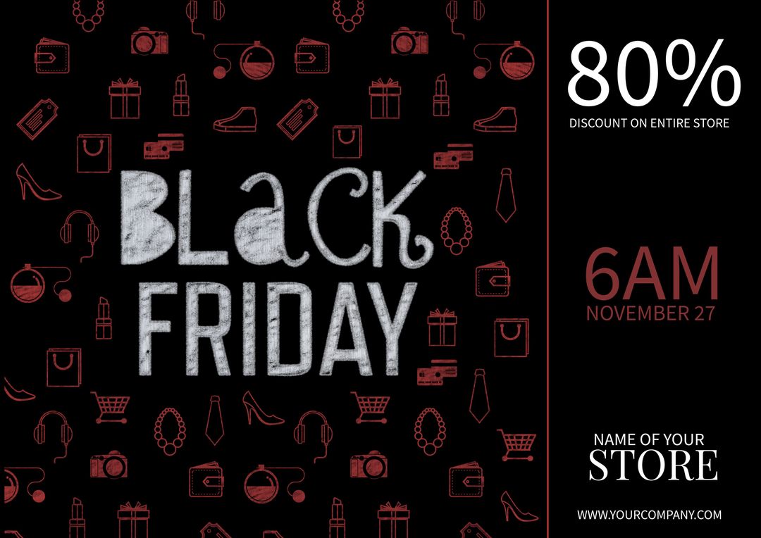 Black Friday Sale Banner with 80 percent Discount and Red Shopping Icons - Download Free Stock Templates Pikwizard.com