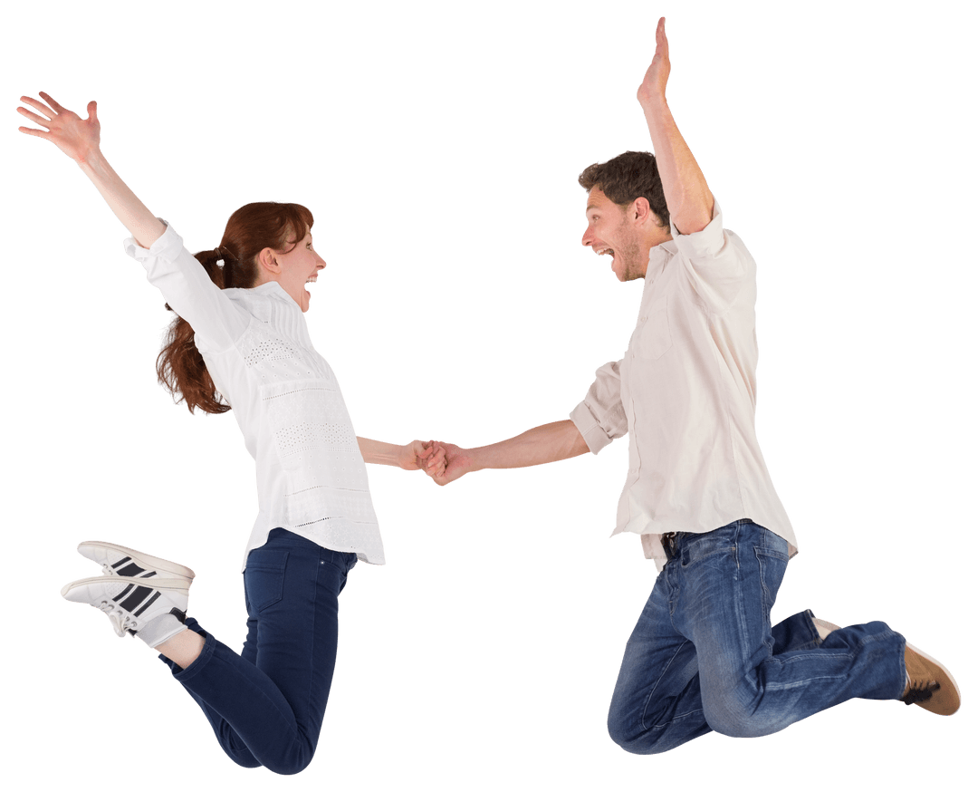 Joyful Couple Jumping in Excitement Transparent Background