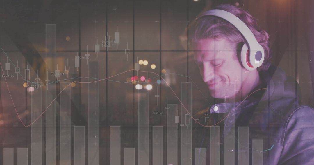 Man Using Headphones Interface with Data Analysis Overlay