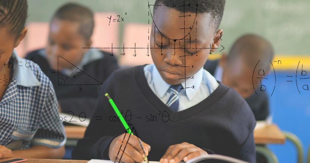 African American Students Engaged in Math with Overlaid Formulas