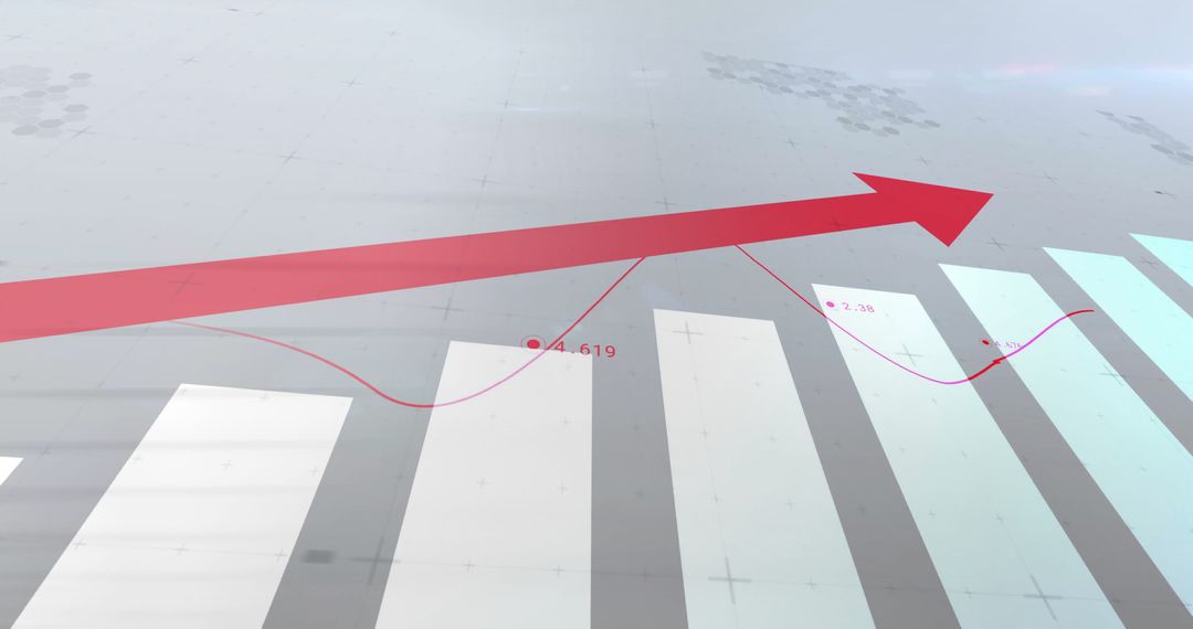 Ascending Red Arrow with Data Points Over Business Bar Graph
