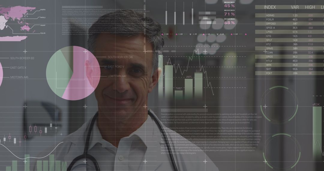 Doctor Overlaid with Financial Charts and Healthcare Data Metrics