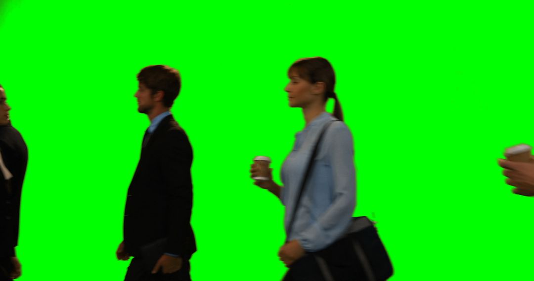 Business Professionals Walking with Coffee Against Green Screen - Free Images, Stock Photos and Pictures on Pikwizard.com