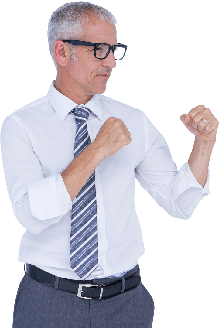 Caucasian Businessman Playfully Gesturing With Glasses on Transparent Background
