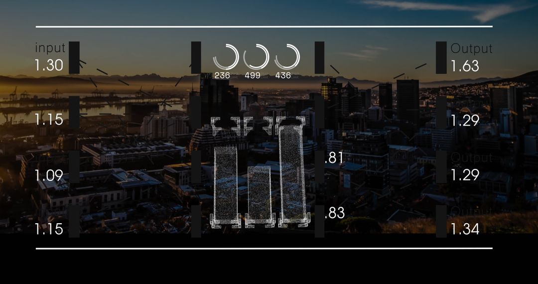 Cityscape at Sunset with Overlaid Data Visualizations