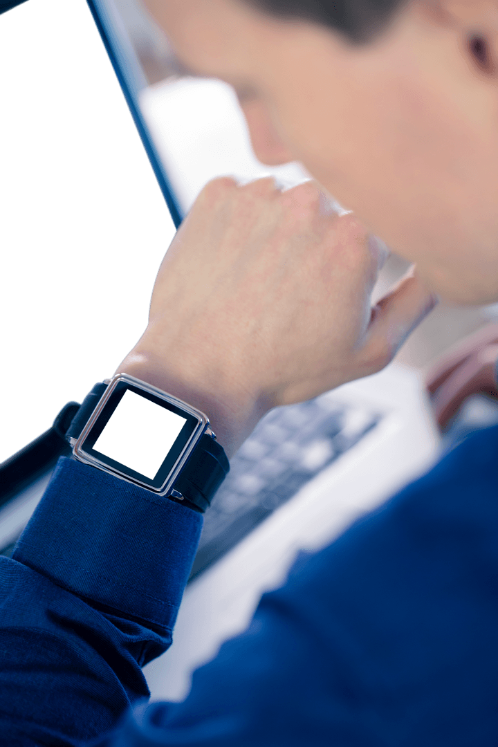 Transparent Technology Review Smart Watch on Wrist in Office