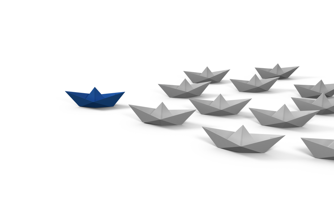 Single Blue Paper Boat Leading Fleet of White Paper Boats on Transparent Background - Download Free Stock Images Pikwizard.com