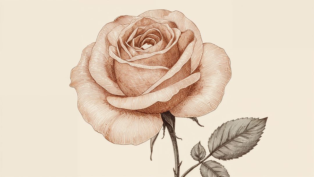 Line art rose drawing on beige canvas with detailed petals