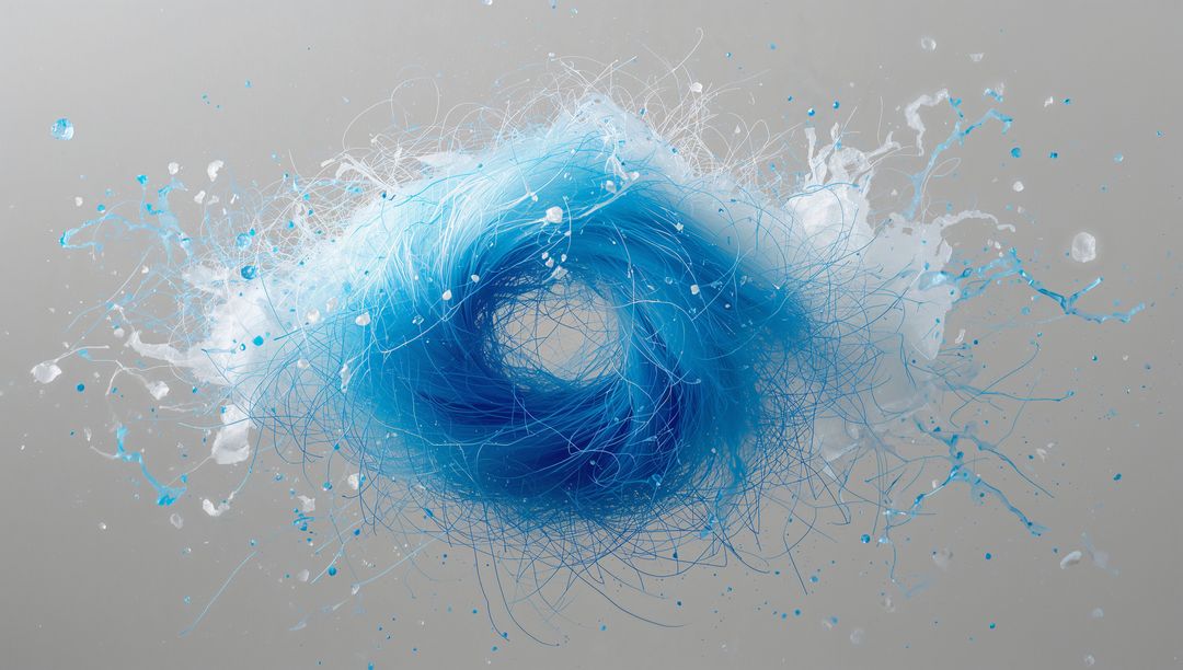 Swirling Cyan Filament Vortex with Dynamic Paint Splashes and Central Void Texture